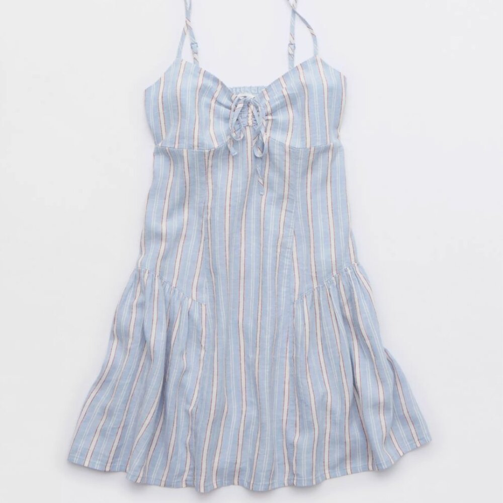 NWOT Aerie Ruched Mini Dress Linen Blue and Red Striped Boho Sun Dress XS